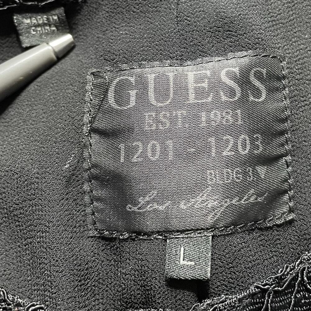GUESS Lace Tuxedo Blouse Size Large Women Black Shirt Long Sleeve Holiday Luxury - Picture 5 of 7